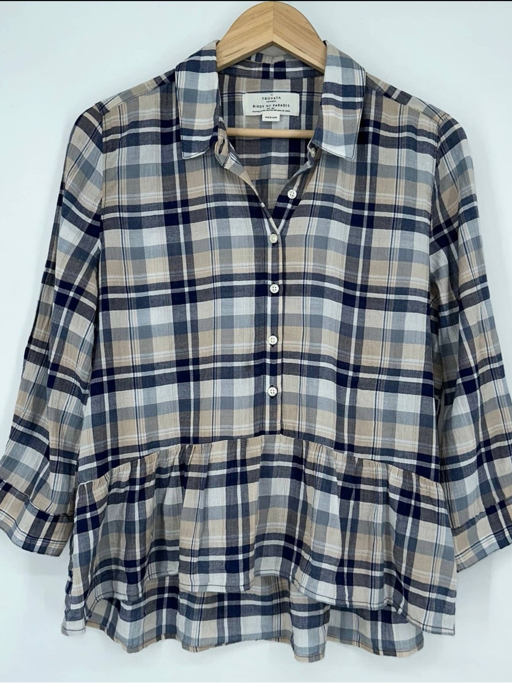 Trovata Birds of Paradis Chrissy Plaid Peplum Ruffle Cotton Blouse, Blue Sz S